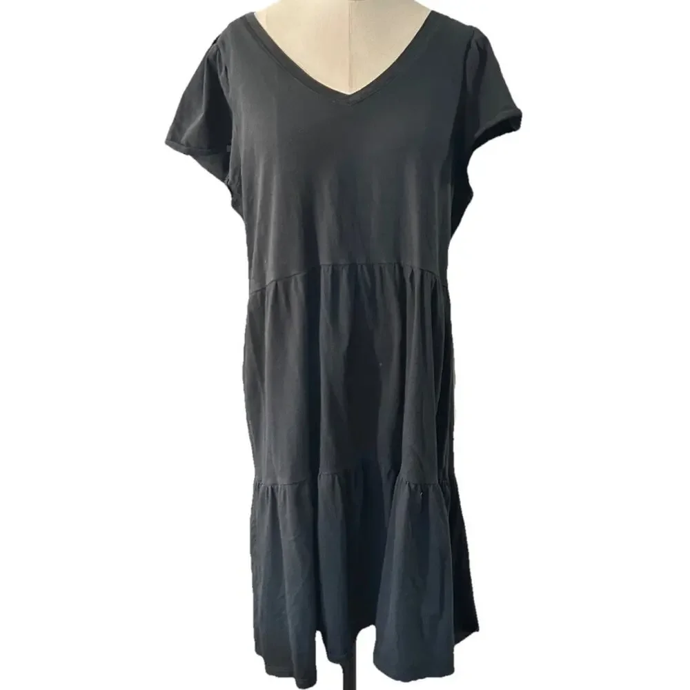 J.Crew Black Tiered Mini Dress M V Neck Flutter Sleeve Summer Sun Dress
